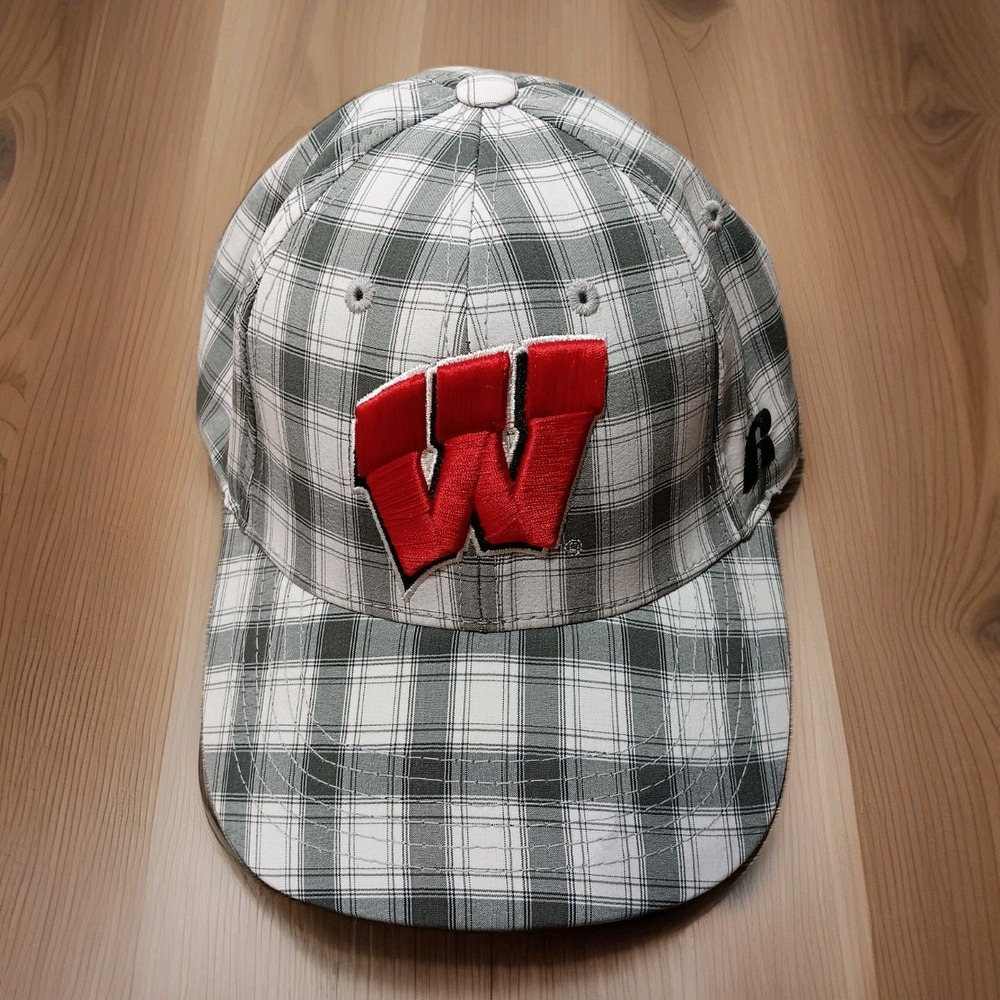 Wisconsin Badgers Ball Cap Adult Unisex Grey Plaid Russell Athletic Adjustable